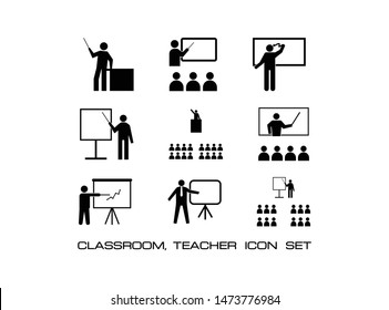Set of Classroom Activity Icon. Consist of Nine Icon Image i.e. Teaching, Lecture, Speech, Learning, Presentation, explain on the board and more. Simple and Trendy Flat Isolated on White Background.