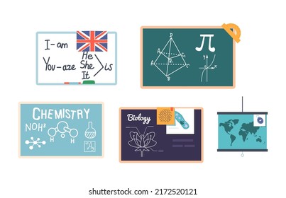 Set of Classroom Blackboards with Different Lessons Isolated on White Background. English Language Rules, Geometry, Chemistry, Biology and Geography Classes. Cartoon Vector Illustration