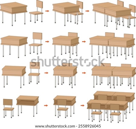 A set of classroom desks and chairs that can be easily arranged into rows and columns.