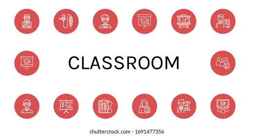 Set von Klassenzimmern. Student, Lawalier, Lehrer, Blackboard, Präsentation, Training, Klasse, Klassenzimmer Symbole