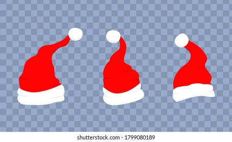Set of claus red hats with white fur. Christmas hat on isolated background. Xmas cap. Santa hat template for decoration. Claus, christmas headdress. Cartoon style vector illustration.