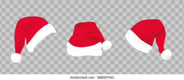 Set of claus red hats with white fur. Christmas hat on isolated background. Xmas clothing. Santa hat template for decoration. Claus, christmas headdress. Realistic 3d vector illustration.