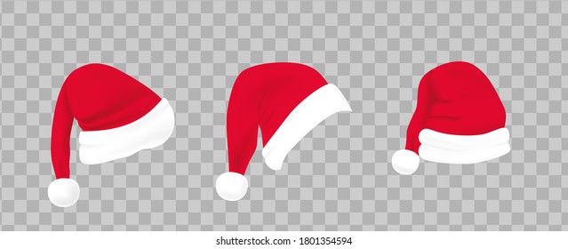 Set of claus red hats with white fur. Christmas hat on isolated background. Xmas clothing. Santa hat template for decoration. Claus, christmas headdress. Realistic 3d vector illustration.