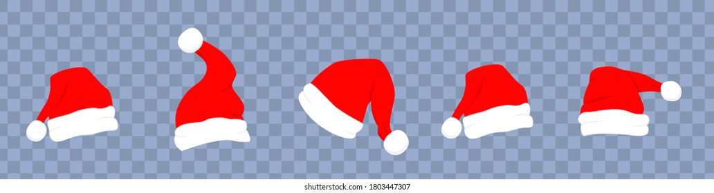 Set of claus red hats with white fur. Christmas hat on isolated background. Xmas cap. Santa hat template for decoration. Claus, christmas headdress. Cartoon style vector illustration.