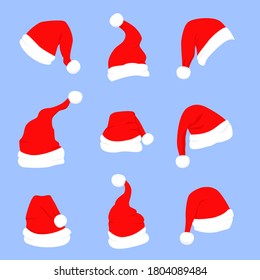 Set of claus red hats with white fur. Christmas hat on isolated background. Xmas cap. Santa hat template for decoration. Claus, christmas headdress. Cartoon style vector illustration.