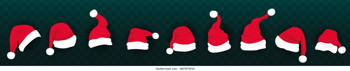 Set of claus red hats with white fur. Christmas hat on isolated background. Xmas cap. Santa hat template for decoration. Claus, christmas headdress. Realistic 3d vector illustration.