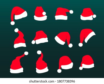 Juego de sombreros claus rojos con piel blanca. Sombrero de Navidad en un entorno aislado. Captura de Navidad. Plantilla Santa para la decoración. Claus, discurso de navidad. Ilustración vectorial de estilo de dibujos animados.