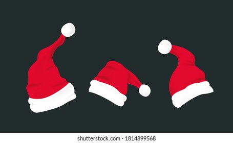 Set of claus red hats with white fur. Christmas hat on isolated background. Xmas clothing. Santa hat template for decoration. Claus, christmas headdress. Realistic 3d vector illustration.