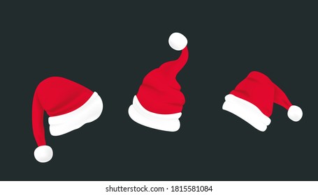 Set of claus red hats with white fur. Christmas hat on isolated background. Xmas clothing. Santa hat template for decoration. Claus, christmas headdress. Realistic 3d vector illustration.