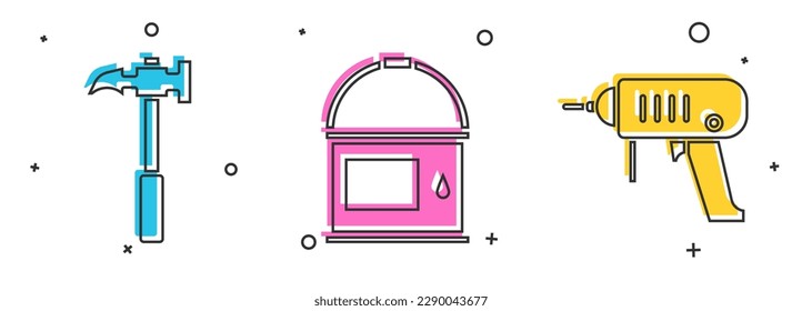 Set Claw hammer, Paint bucket and Electric drill machine icon. Vector