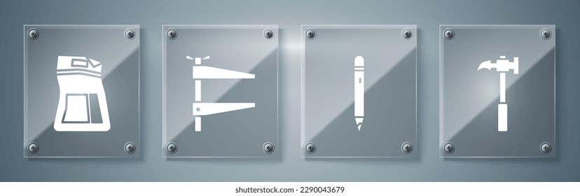 Set Claw hammer, Pencil with eraser, Clamp tool and Cement bag. Square glass panels. Vector