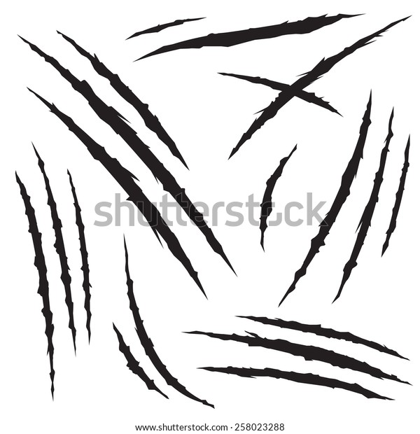 Set of claw scratches, isolated on white\
background, vector illustration\
