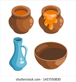 A set of clay earthenware vessels. Vessel with honey. A collection of pots on a white background. Vector illustration