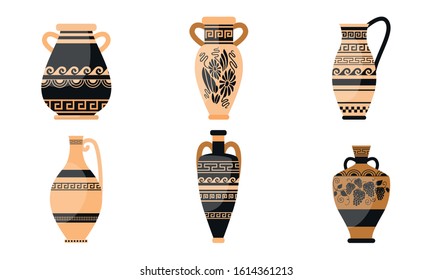 Set of clay jugs with different patterns vector illustration