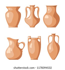 Set of clay jugs on a white background. Collection of a pitchers for liquid and grain. Vector illustration of a dish of clay