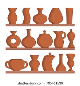 A set of clay jugs and vases in a flat style