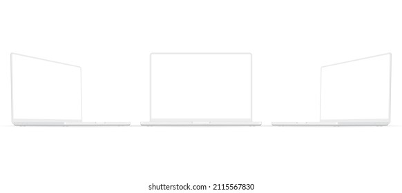 Set of Clay Laptop Computers With Blank Screens, Isolated on White Background, Front and Side View. Vector Illustration