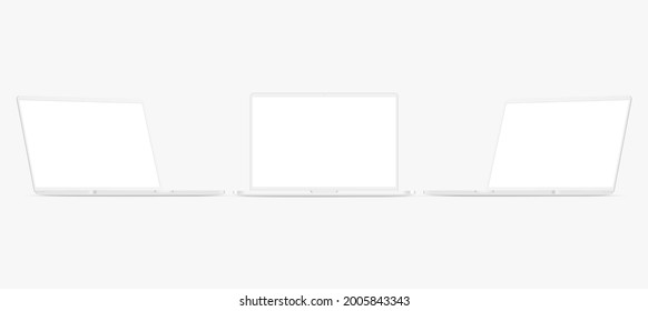 Conjunto de laptops de arcilla con pantallas en blanco, vista frontal y lateral, aisladas en fondo blanco. Ilustración vectorial