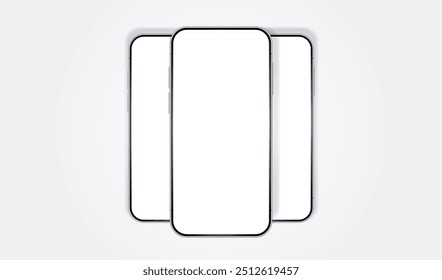 Set of clay phones mockup front view. White mobile isolated with blank screen for display your ux design, site, presentation and promo. Realistic 3d smartphone laying on desk with shadow.