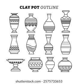 Set of Clay Pot Ancient Greek Vase outline collection with line art style, Greek antiquity urns, Old Roman handmade clay pots, Old pottery set, Ceramic archaeological pot, ceramic earthenware, Ancient