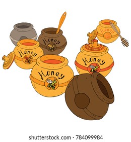 Set of clay pots. Flying honey bee with a bucket of honey. Striped insect. The inscription is Honey. Many pots. Ceramic tableware. Hand drawn Bank.  A barrel of honey with spoon. Vector illustration.