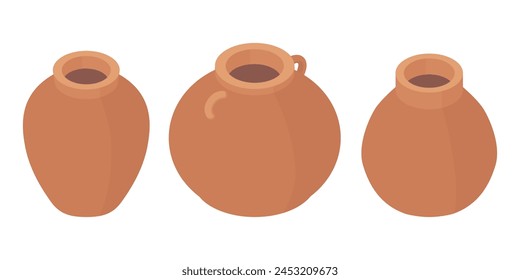 Set of clay pots - hand drawn isometric vector illustration.