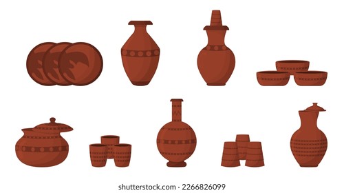 Set of clay pots, jar, jug, glass, amphora vector illustration of ancient clay traditional vase isolated on white background.