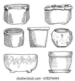 Set of clay pots for plants: flowers and cacti. The sketch marker.