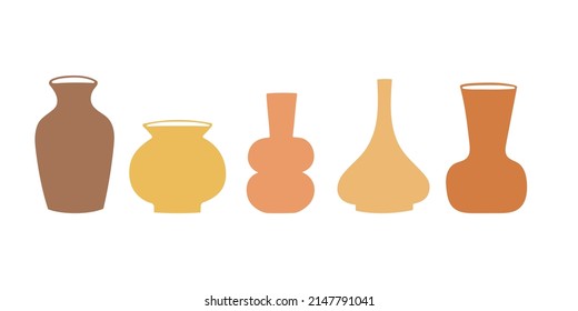 Set of clay pottery, ceramic pots, vases in pastel colors. Decorative elements collection of vases. Isolated vector illustration