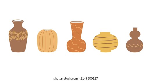 Set of clay pottery, ceramic pots, vases in pastel colors with ornament. Decorative elements collection of vases. Isolated vector illustration