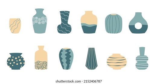 Set of clay pottery, ceramic pots, vases in pastel colors with ornament. Decorative elements collection of vases. Isolated vector illustration