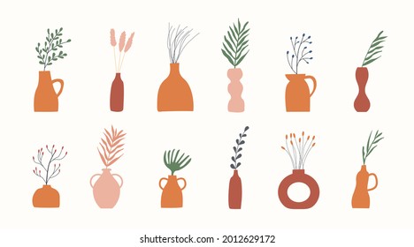 Set of clay vases with green and dry plants. Branches and twigs in earthen jug. Minimalistic foliage decoration for cozy home interior in Scandinavian Boho style. Vector illustration isolated on white