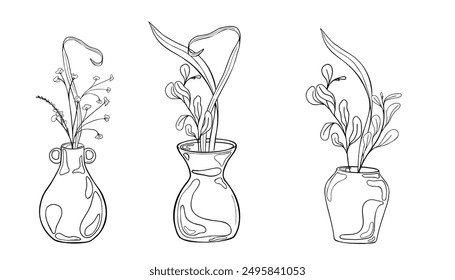 Set of clay vases with long stems black white vector illustration isolated. Ink silhouette vases and floral arrangement in line art. Vase line contour hand drawn. Element for ceramics workshop.