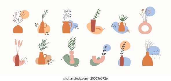 Set of clay vases with potted dry plants, leaves, branches and abstract geometric shape. Trendy boho design element. Fall season nature minimal wall art. Vector illustration in flat style.