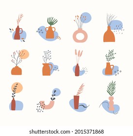 Set of clay vases with potted dry plants, leaves, branches and abstract geometric shapes. Trendy boho design element. Fall season nature minimal wall art templates. Vector illustration in flat style.