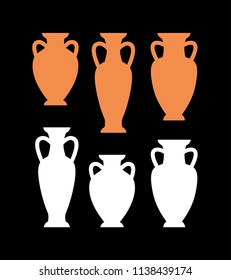 Set of clay and white color silhouettes of antique amphoras, vases. Vector icons, signs. On black background