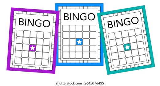 Conjunto de modelos de bingo limpo sem números. Folhas de jogo em branco para jogos de loto e keno. Coleção de ingressos do cassino para projetos de sorteio, jogos de festa imprimíveis e visuais de entretenimento.
