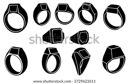 A set of clean, black and white vector icons featuring various styles of rings, including signet rings, for jewelry and luxury branding.
