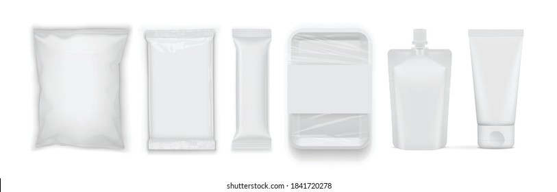 set of clean blank white food packages isolated on white background mock up vector