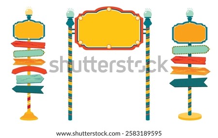 A set of clean, bright road signs with colored arrows.  Entrance gate with a sign on striped poles. Illustrated vector clipart.