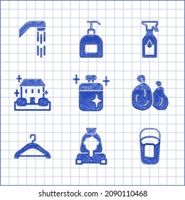 Set Clean cooking pot, Cleaning lady service, Bucket with rag, Garbage bag, Hanger wardrobe, Home cleaning, spray bottle and Shower head icon. Vector