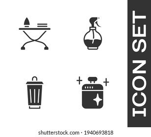 Set Clean Cooking Pot, Iron And Ironing Board, Trash Can And Water Spray Bottle Icon. Vector