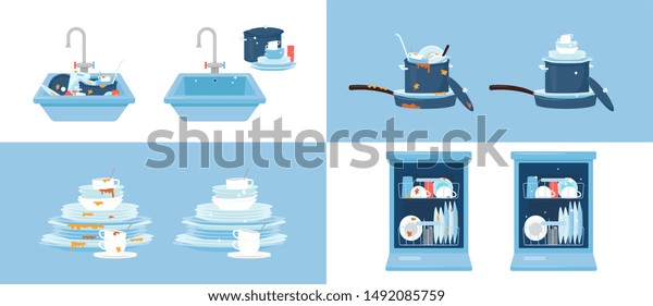 Set Clean Dirty Dishes Dishwashers Kitchen Stock Vector Royalty Free 1492085759