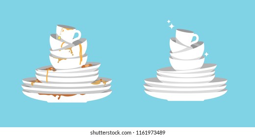 Set of clean and dirty dishes isolated on blue background. White kitchen household cutlery before and after wash. Detergent label design template. Vector illustration.