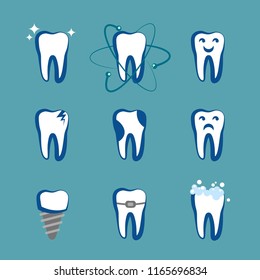 Set of clean and dirty tooth on blue backgound. Flat style dental health concept. Cartoon tooth characters. Oral hygiene, teeth cleaning. Vector illustration.