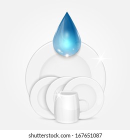 set of clean dishes and blue drop.dishwashing liquid on the background plates and cup.vector