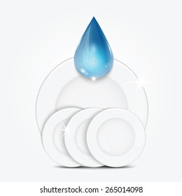 Set of clean dishes and blue drop.dishwashing liquid on the background plates .vector