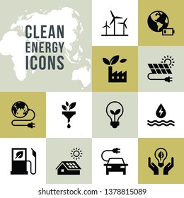 Set of clean energy vector icons in flat style. Eco collection with various icons on the theme of ecology and green energy. Isolated, editable and scalable icons.