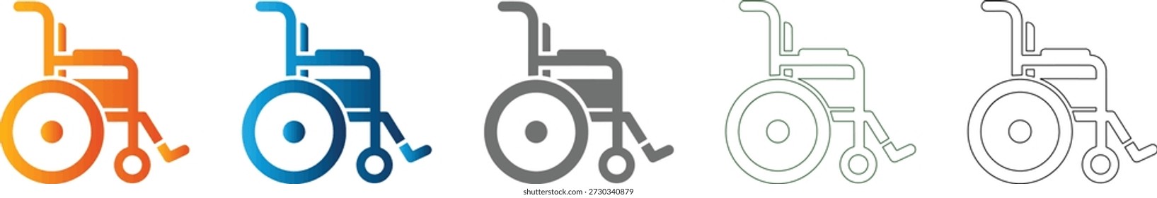A set of clean, flat design icons representing a wheelchair, rendered in solid black vector art. Isolated on white.