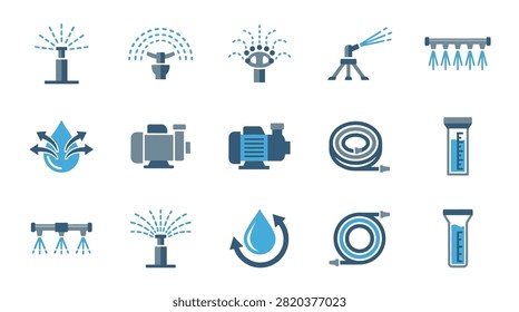 A set of clean, flat, geometric vector icons representing irrigation equipment, water spray systems, hoses, pumps, and agricultural tools on white background.